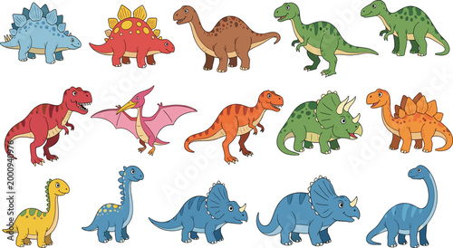 Adorable Cartoon Dinosaur and Dragon Character Collection Featuring T-Rex Stegosaurus Pterodactyl Brontosaurus Triceratops with Winged Fantasy Dragons for Kids