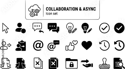 Collaboration Async Icon Set Cursor Presence Comment Thread Suggestion Resolve Assign Mention Reaction Version History Co-Edit Conflict Lock Handoff Approval Review