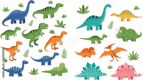 Adorable Flat Cartoon Dinosaur Mega Collection Featuring Brontosaurus T-Rex Triceratops Pterodactyl Stegosaurus in Multiple Colors with Tropical Leaves