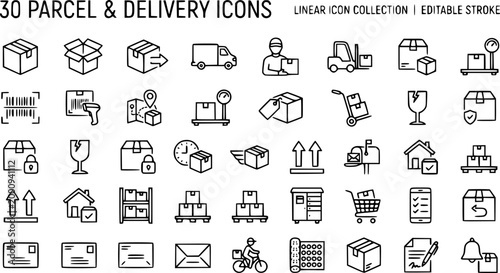 Set of 30 outline icons related to parcel. Linear icon collection. Editable stroke. Vector illustration
