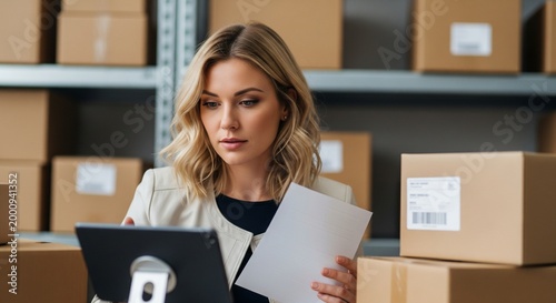 Woman in Warehouse or Distribution Center Using Tablet and Paperwork to Manage Inventory