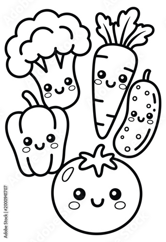 Cute vegetables collection set including broccoli carrot bell pepper cucumber and tomato illustration line art coloring page.