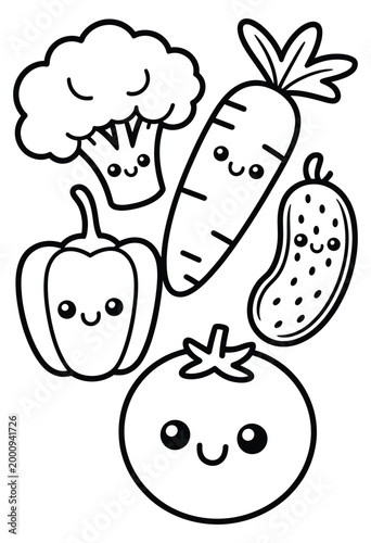 Vegetable characters featuring broccoli carrot bell pepper cucumber and tomato as adorable doodles for educational coloring.
