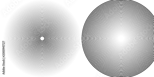 Black concentric circle set. Sonar or sound wave ring collection. Halftone and linear epicentre, target, radar icon concept. Ripple radial signal or vibration elements. Vector line and dotted symbols