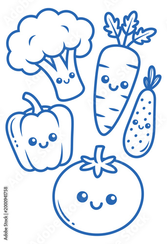 Kawaii style vegetable illustration collection including broccoli carrot cucumber and tomato line art for coloring project.