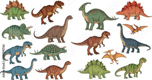 Realistic Detailed Cartoon Dinosaur Collection Featuring T-Rex Stegosaurus Triceratops Brontosaurus Parasaurolophus Ankylosaurus and Pterodactyl on White Background