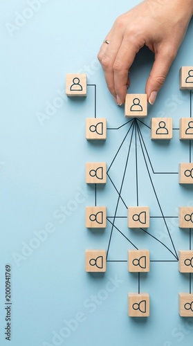 Hierarchical organizational flowchart with people icons and connections