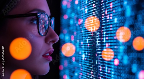 Woman Wearing Glasses Looking at a Futuristic Digital Screen with Colorful Glowing Data and Abstract