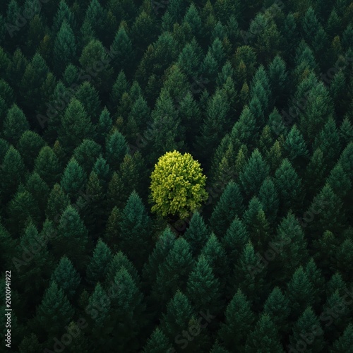Aerial view of single bright green deciduous tree standing out among dark coniferous forest