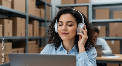 Woman wearing headphones with eyes closed, listening to music while working on a laptop
