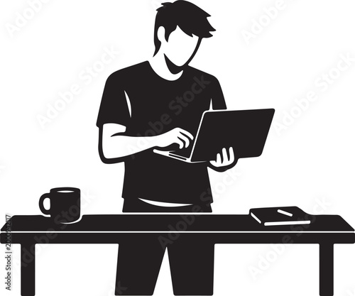 Man Standing Using Laptop at Desk Silhouette Vector for Mobile Work, Freelance Productivity and Modern Office Workflow Design