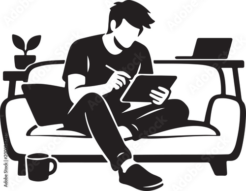 Man Using Tablet on Sofa Silhouette Vector for Remote Lifestyle, Digital Reading and Home Relaxation Workspace Design