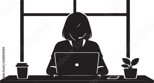 Woman Working on Laptop at Desk Silhouette Vector for Minimal Home Office, Remote Work Branding and Digital Productivity Illustration