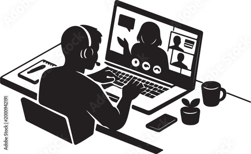 Remote Video Conference on Laptop Screen Silhouette Vector for Online Meeting, Virtual Team Collaboration and Webinar Communication Design