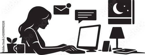 Woman Working on Laptop with Messaging Icons Silhouette Vector Illustration for Online Communication, Chat Support and Remote Work