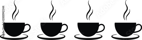 Four steaming coffee cups in a row mugs drink