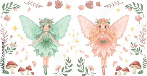 Two whimsical fairies standing among mushrooms and floral elements in a dreamy garden scene