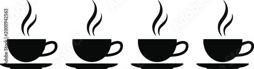 Four steaming coffee cups in a row mugs