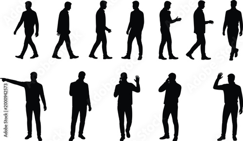 Silhouettes of diverse people walking in various poses and styles