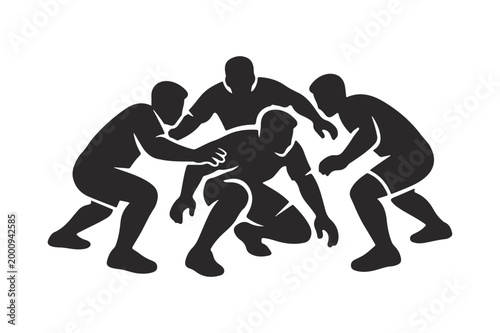 Kabaddi raider surrounded by defenders silhouette dynamic sports action vector icon set