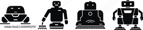 Black robot icons with cleaning tools