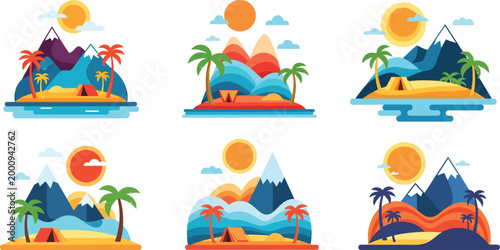 Six tropical island paradise scenes with palm trees and sunset skies in a vibrant colorful illustration style