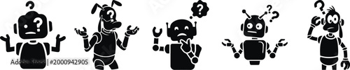 Black confused robots and human with question marks