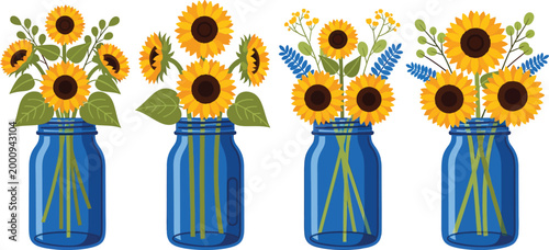 Four blue mason jars filled with sunflowers and wildflowers on white background
