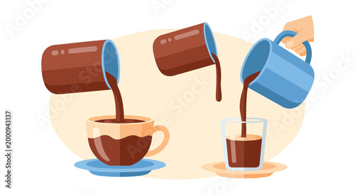 Pouring Coffee into Cup with Hand Holding Kettle.