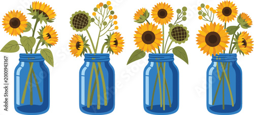 Four blue mason jars filled with bright yellow sunflowers on white background