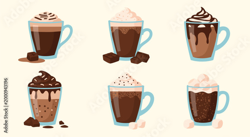 Collection of Six Different Hot Chocolate Beverages with Toppings.