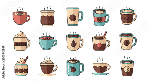 Collection of Various Coffee and Tea Cups with Beverages.