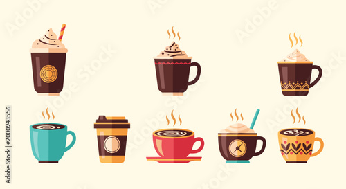 Collection of Various Hot Coffee Cups and Mugs.