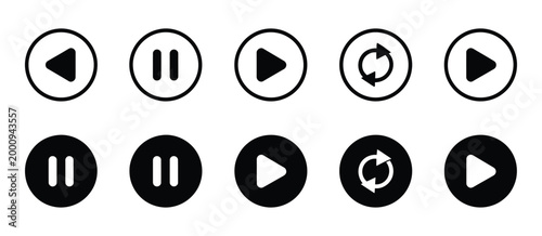 Photos Media Control Icon Set, Play Pause Replay Previous And Next Track Symbols, Video Streaming App Interface Elements, Minimal Flat Vector Illustration For UI And Web Design