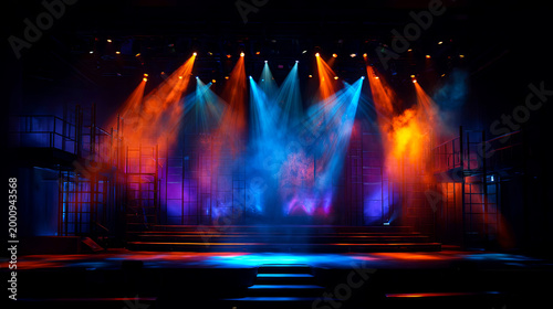 Stage lighting setup with colorful beams of light illuminating a theater stage, featuring a backdrop and multiple levels of staging elements