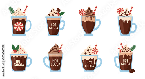 Collection of Various Hot Chocolate Cups with Toppings.