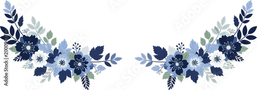 Watercolor floral arrangement with blue flowers and leaves on white background