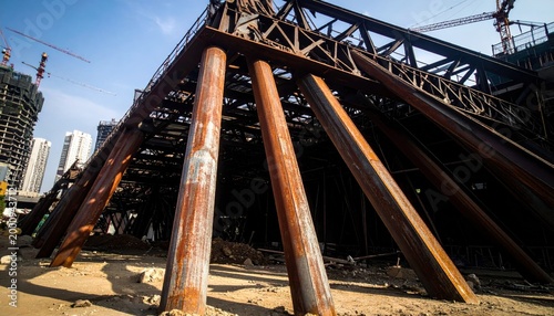 A view of the rusted steel scaffolding and metal support structure partially collapsed at an industrial construction site under a clear blue sky.