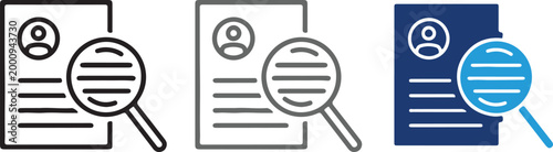Resume search icon with magnifying glass for recruitment and hiring process, human resources selection vector illustration on transparent background.