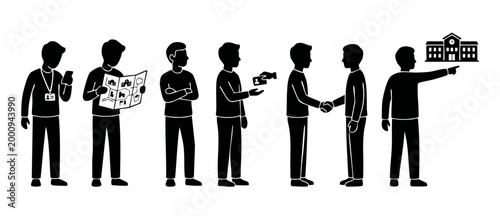People silhouettes school admission icons set, navigation and enrollment process steps, student character activities, flat vector black figures collection, education campus guidance and campus tour si
