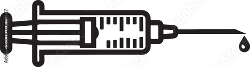 Black and white line of a medical syringe with droplet of liquid also transparent background healthcare