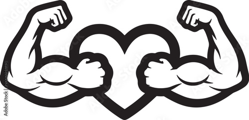 Black and white of flexed muscular arms forming a heart shape also transparent background, flexed muscles