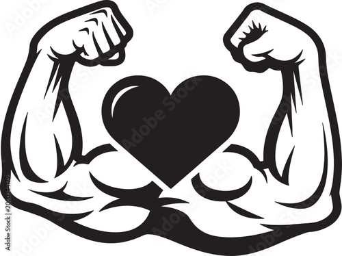 Black and white of muscular arms flexing with a heart in the center also transparent background