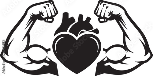 Black and white of muscular arms flexing with a heart symbol also transparent background, strength