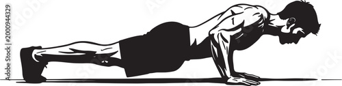 Man performing a plank exercise on a mat, black and white line also transparent background, fitness workout