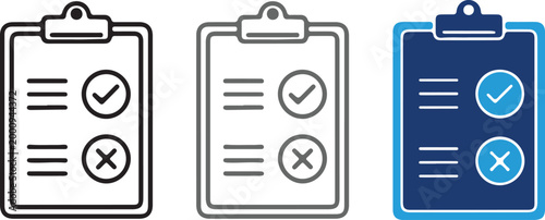 Vector illustration of clipboard checklist icons with checkmark and cross symbols, business survey or task management flat design on transparent background.