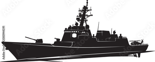 Silhouette of a military warship with radar and antenna systems also transparent background