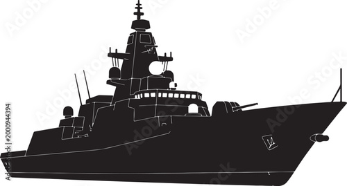 Silhouette of a naval ship with radar and armaments also transparent background, military