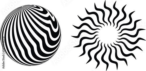 Black and white psychedelic patterns with warped lines and symmetry