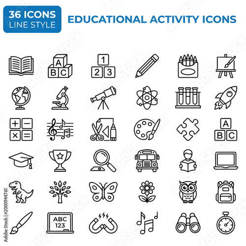 Educational Activity Icons – 36 Colorful Outline Set